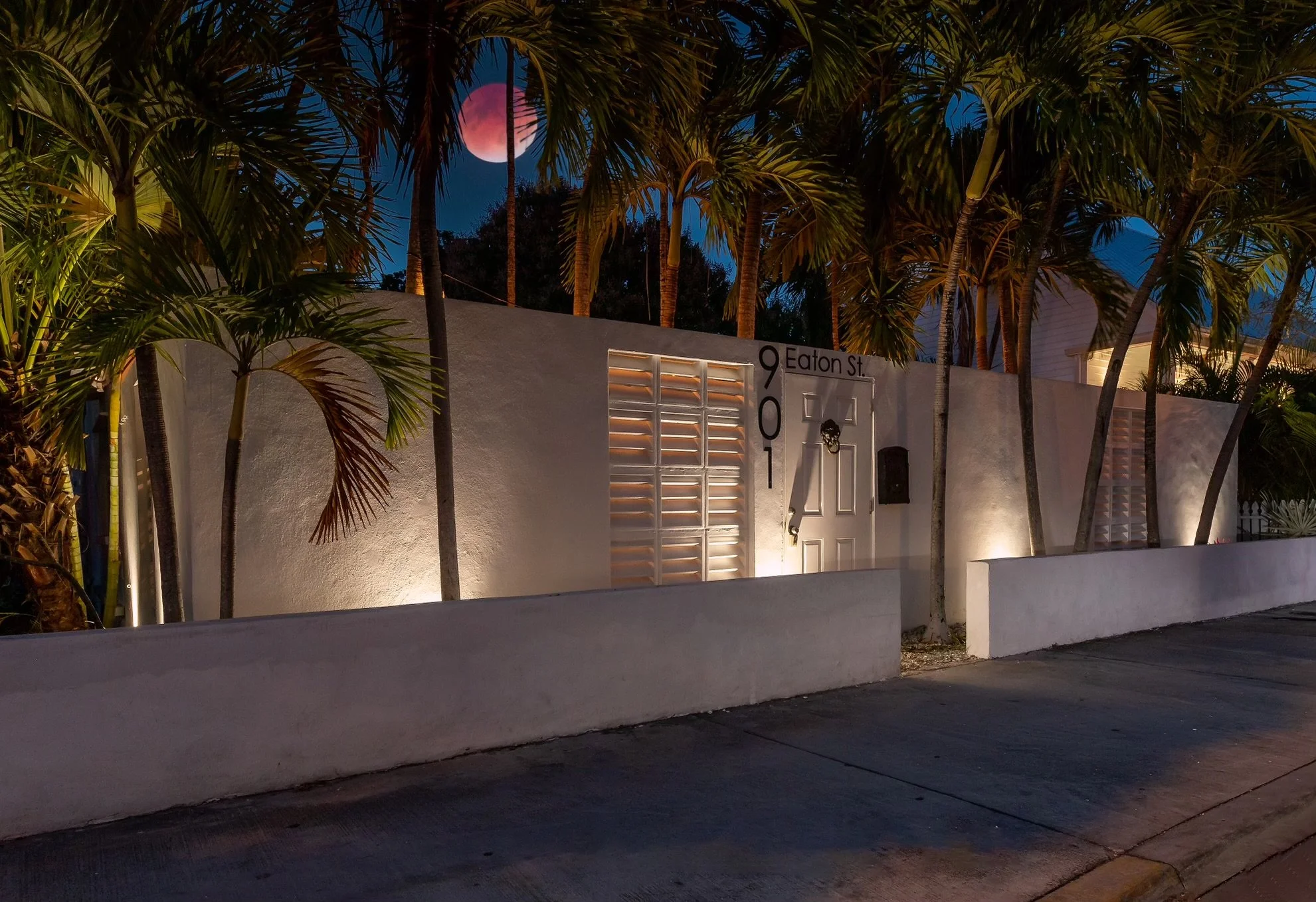Key West coastal home exterior at night with palm trees, white privacy wall, architectural lighting, and tropical landscaping in the Florida Keys.