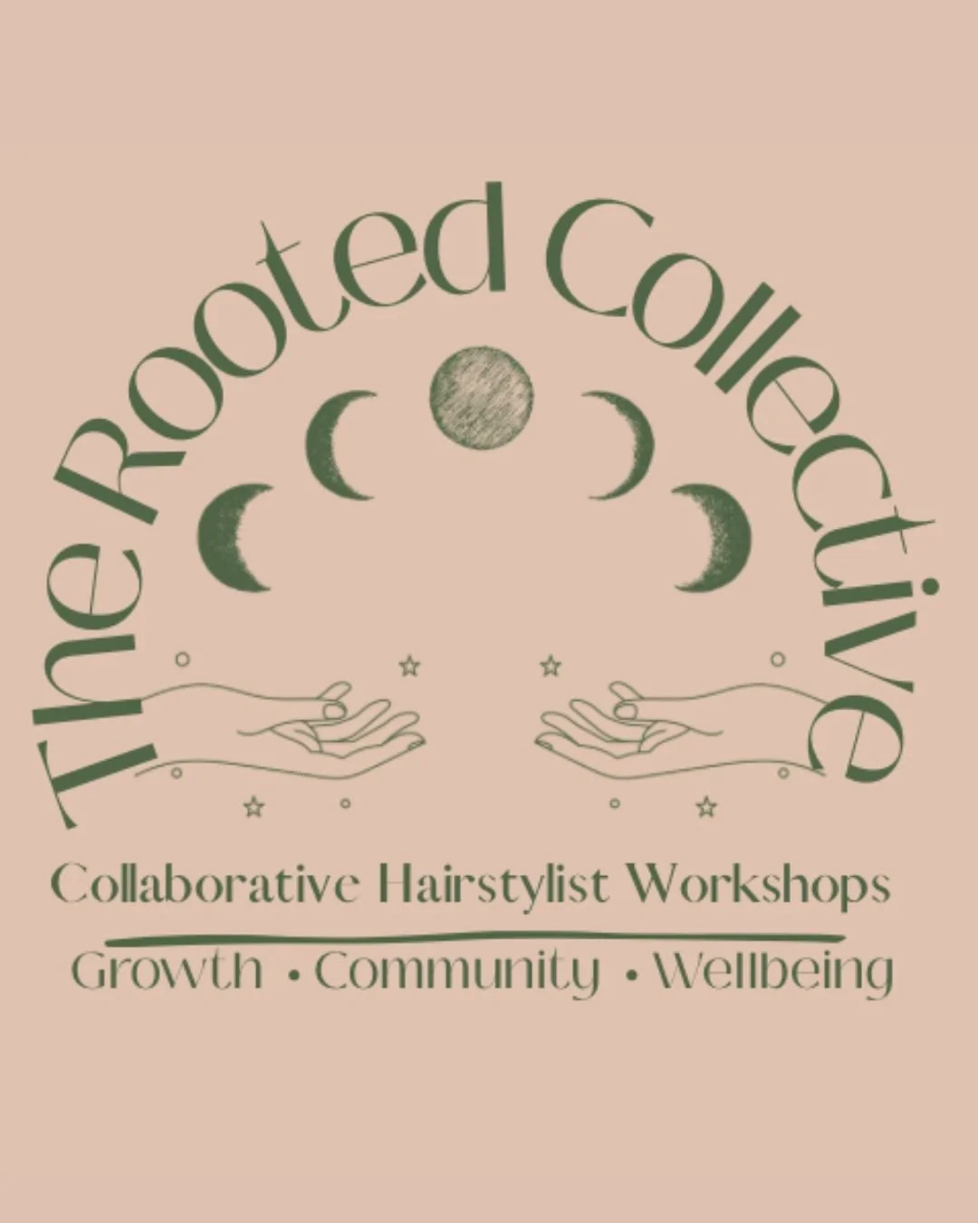 Logo for Reflected Collective, a collaborative hairstylist workshop, with phases of the moon, two hands, and stars, emphasizing growth, community, and wellbeing.