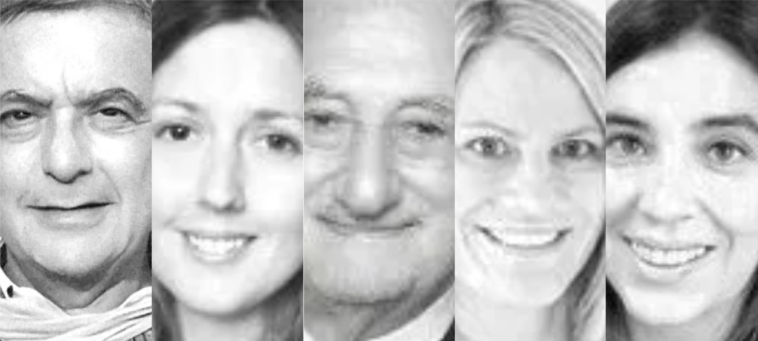 Black and white collage of five diverse people's faces, including one man and four women, all smiling.