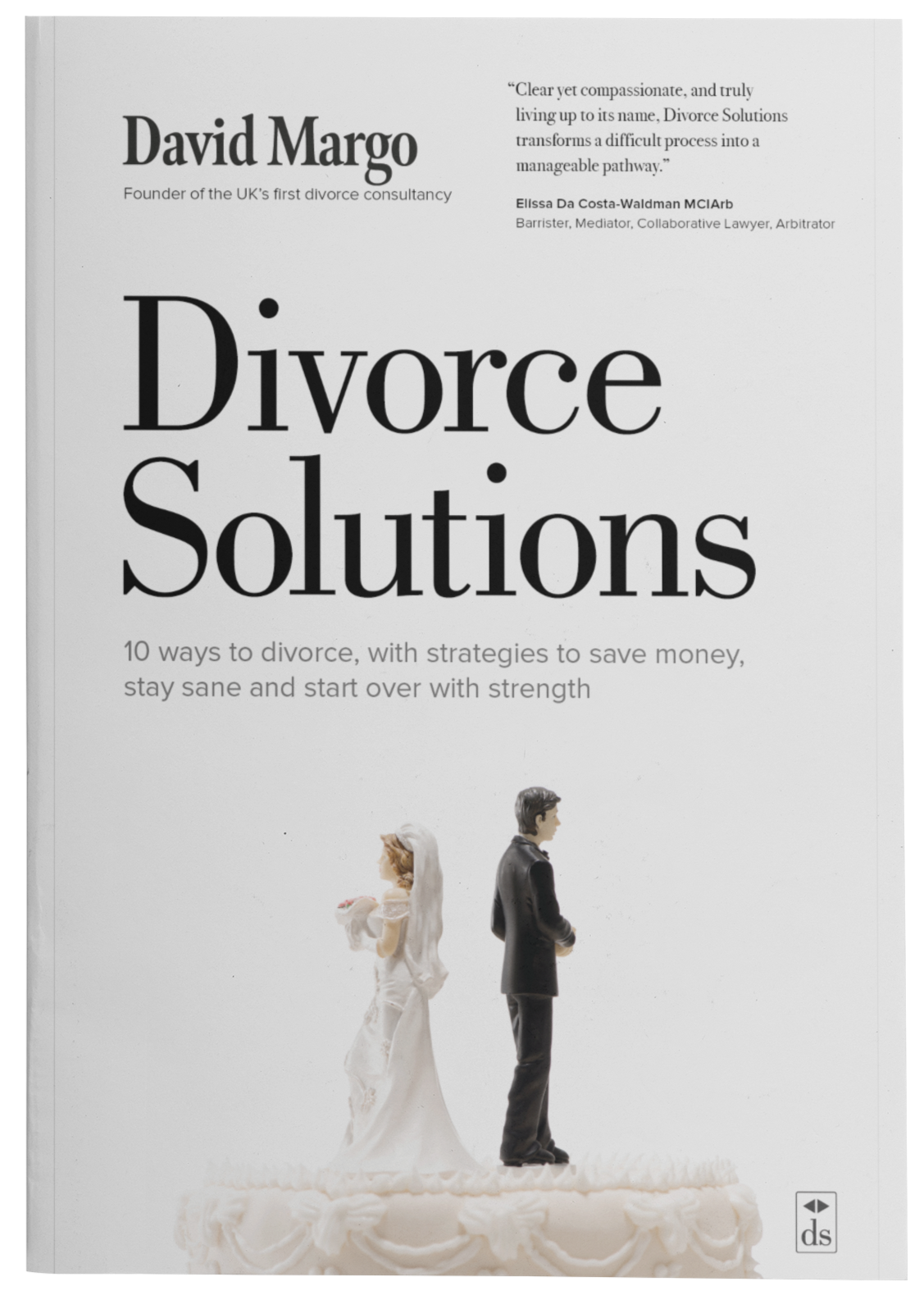 Book cover titled "Divorce Solutions" by David Margo, featuring a wedding cake topper with a bride and groom figurine.