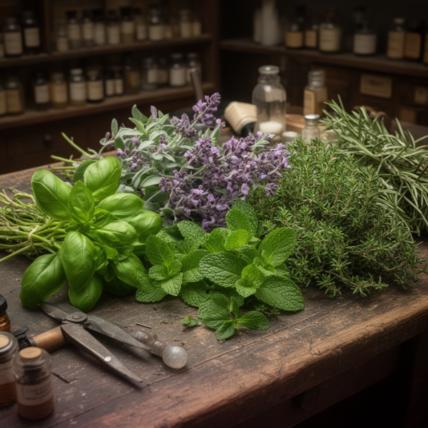 Assorted fresh herbs including basil, lavender, mint, rosemary, and thyme on a wooden table with scissors and small bottles in the background.