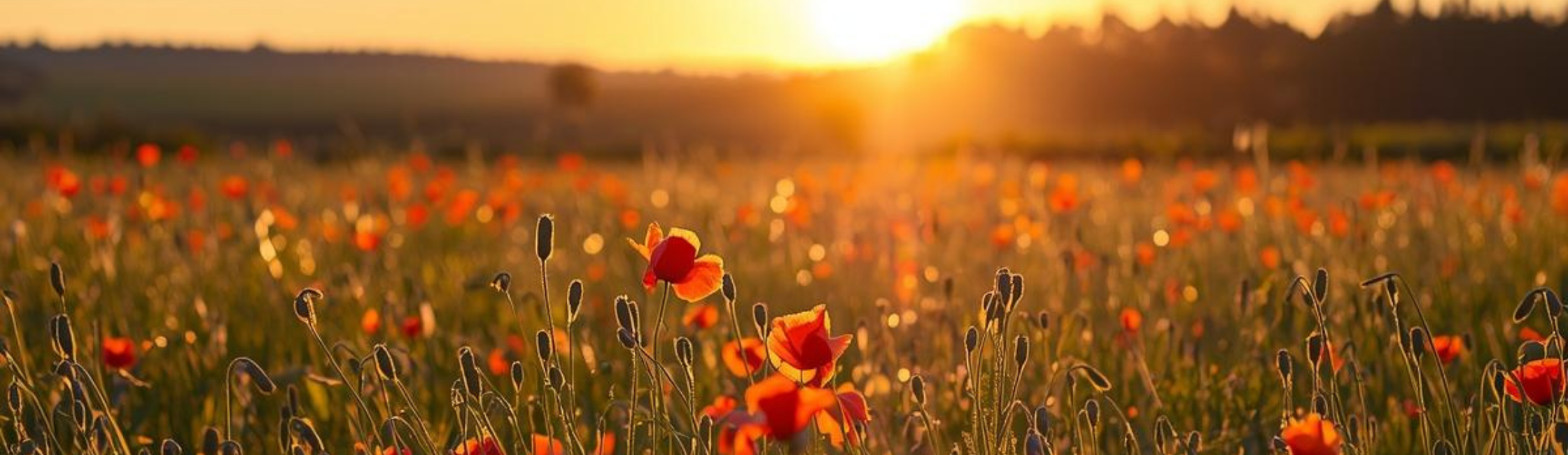 A field of red poppies illuminated by the warm glow of a sunset