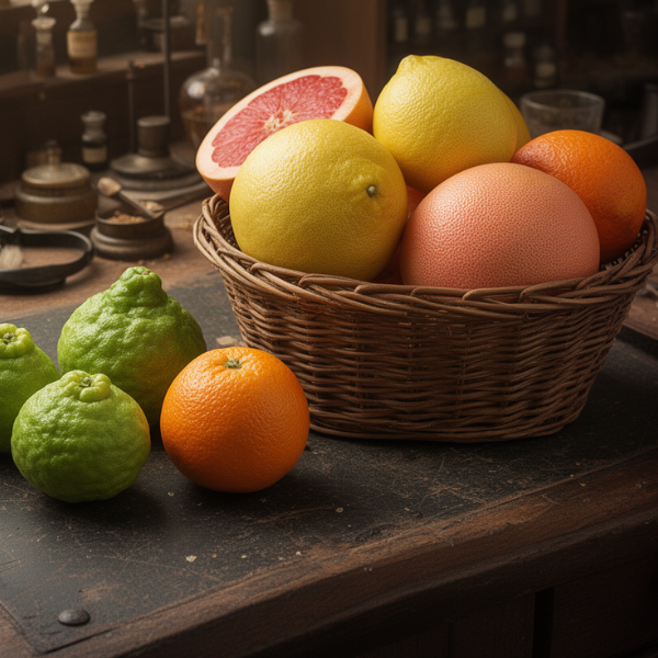 A wicker basket containing a grapefruit, lemons, and oranges, with additional citrus fruits and green bergamot oranges outside the basket on a wooden surface.