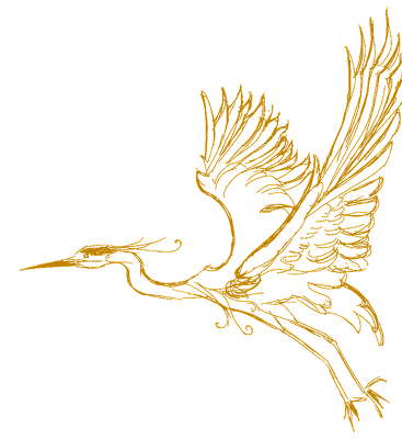 Gold outline of a heron with wings spread, flying to the right, on a black background, hand drawn by our founder, Jessica.