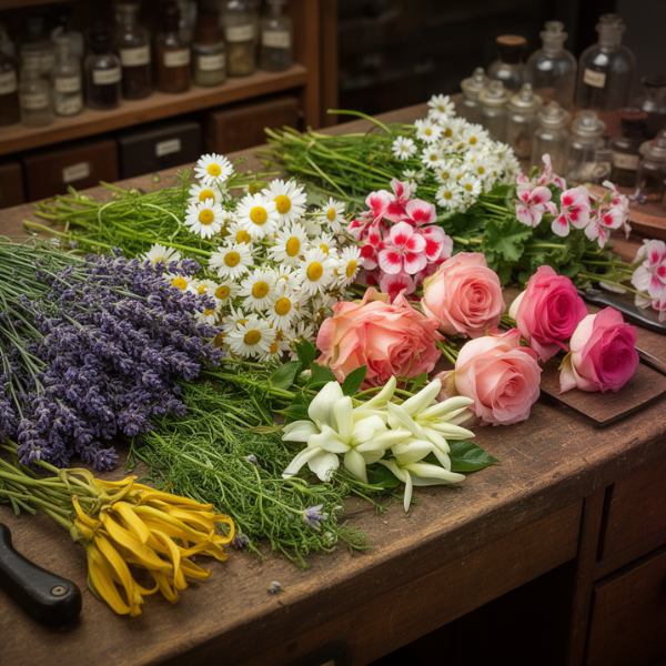 Various fresh flowers including daisies, roses, lavender, and lilies spread across a wooden table in a floral shop.