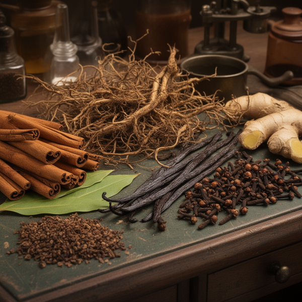 Assorted spices and herbs on a wooden table, including cinnamon sticks, dried root, vanilla beans, ginger, clove, and other spices.