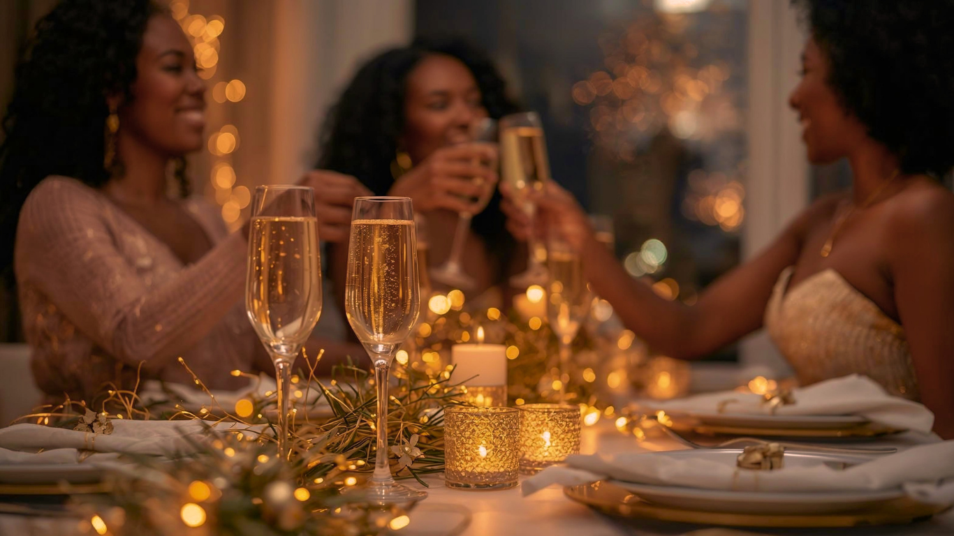 Three women celebrating at a dinner table with champagne glasses, decorated with candles and festive lights. A dazzling event.