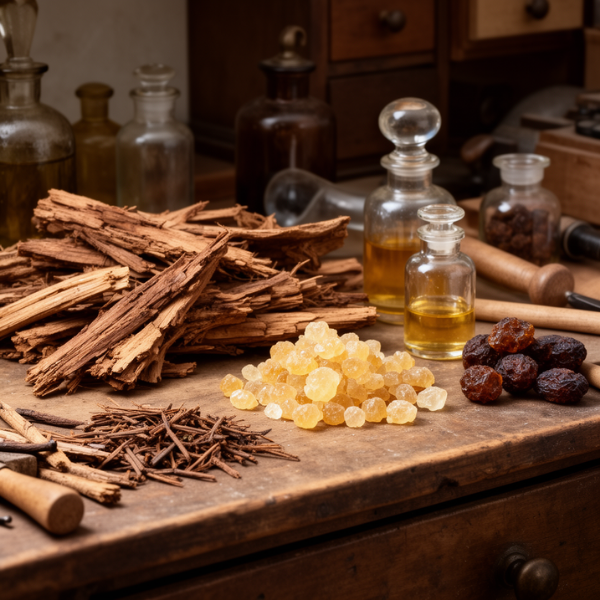 A wooden table with various dried herbs, resin, and essential oils in glass bottles and jars.
