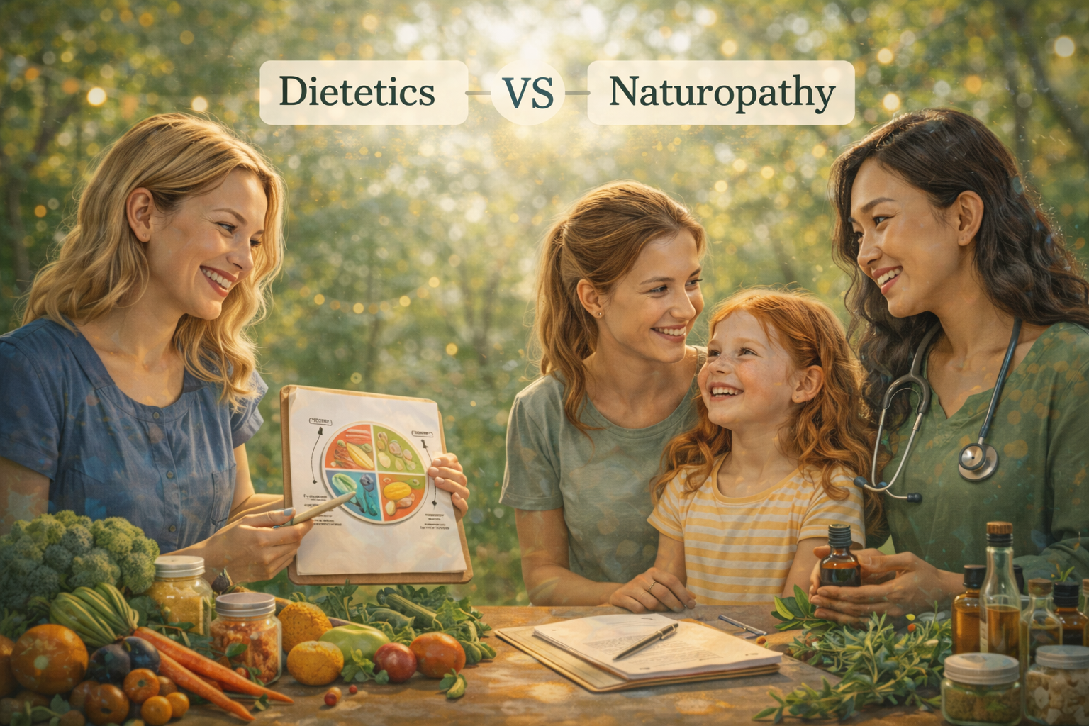 Registered Dietitian and Naturopathic Doctor consulting with a mother and child outdoors, surrounded by fresh produce and natural remedies, illustrating the difference between dietetics and naturopathy in family wellness care.