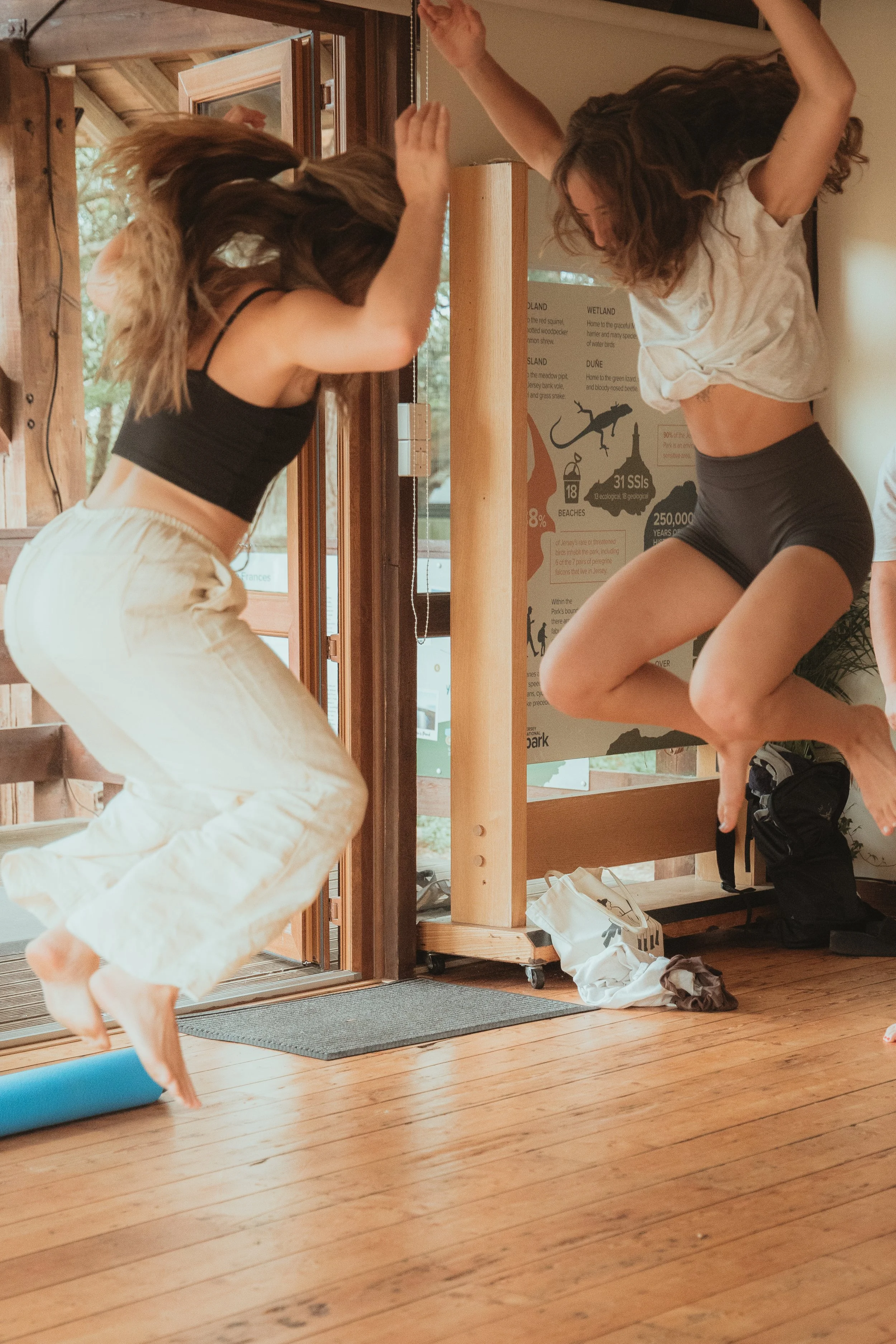 Two women jumping in a room with wooden flooring and walls, near a glass door, appearing happy and energetic.
