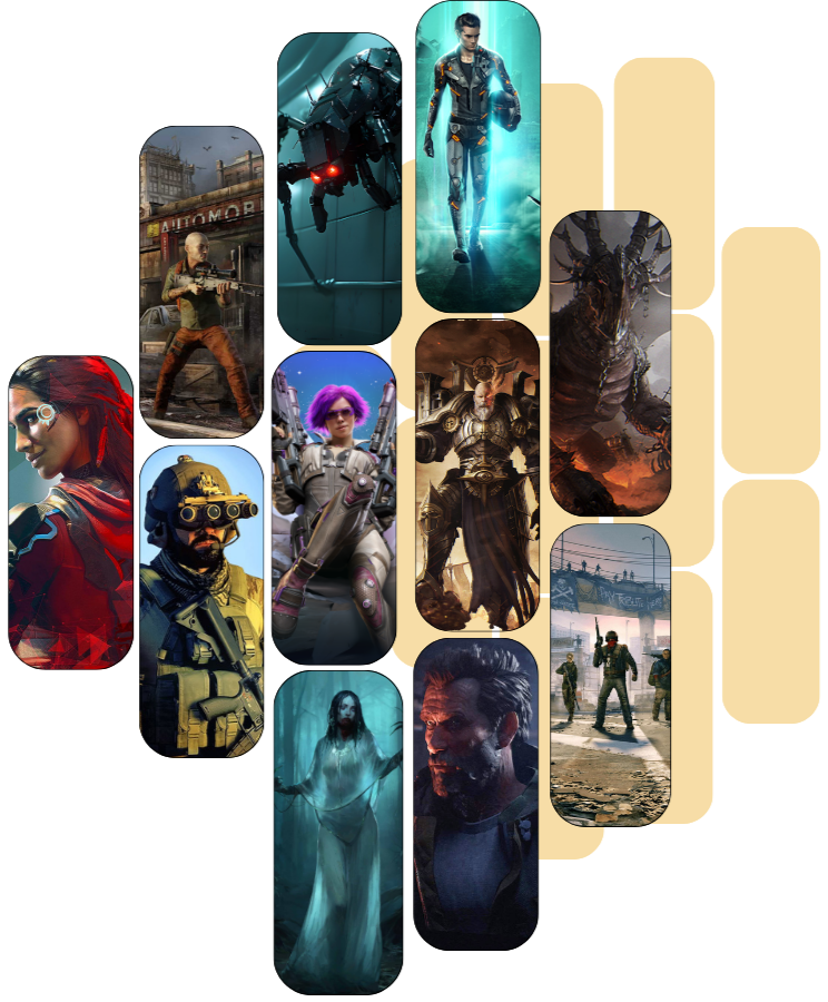Collage of various characters and scenes from video games that have utilised Kythera AI's game navigation and behavior tools in Unreal Engine