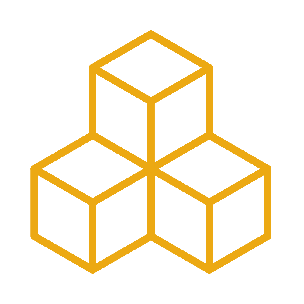 Three interconnected gold-colored cubes forming a geometric shape on a transparent background to demonstrate Kythera AI increased modularity