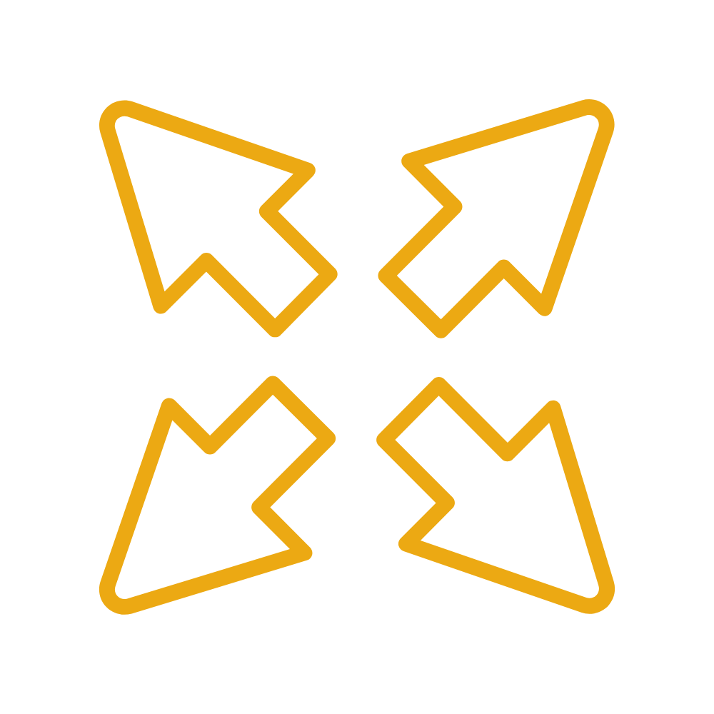 Four stylized gold arrow icons arranged in a square pattern with a black background to demonstrate Kythera AI increased scalability
