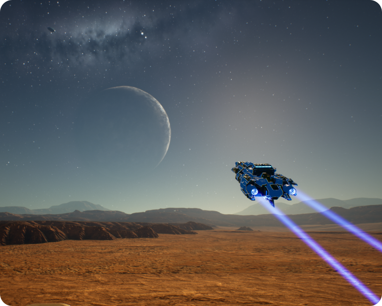 A spacecraft flying over the surface of an extraterrestrial landscape with mountains in the background, a large moon in the sky, and stars and a galaxy visible above. Highlights Kythera AI's upcoming flight support for navigation tools