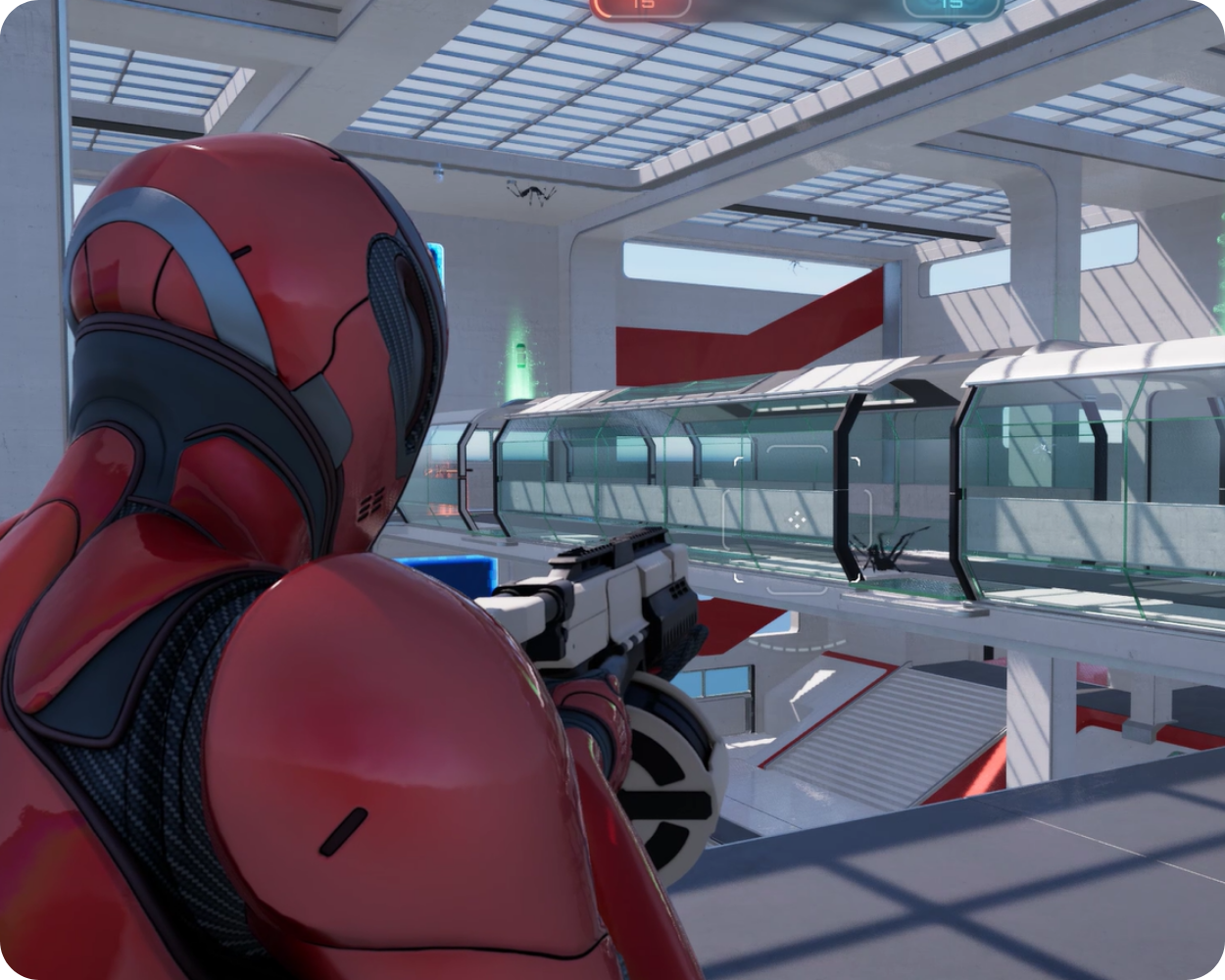 A person in a futuristic red and black suit holding a gun inside a high-tech building with glass walkways and bright lighting. Highlights Kythera AI's upcoming advanced AI planning support for navigation tools