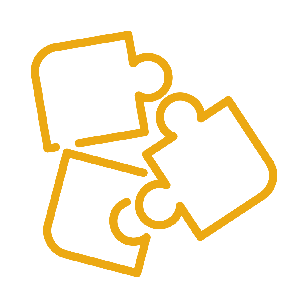 Outline of three interlocking puzzle pieces in yellow against a black background to demonstrate Kythera AI increased extendibility