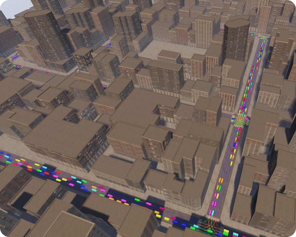 3D digital rendering of a cityscape with streets, tall buildings, and colorful traffic signals and markings. Highlights Kythera AI's upcoming vehicle support for navigation tools