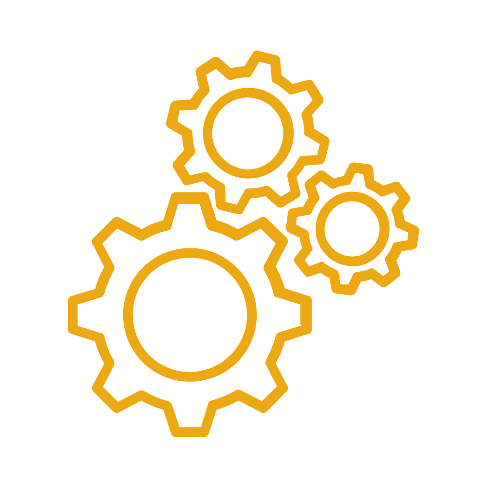 Illustration of three interconnected yellow gears on a black background to demonstrate Kythera AI increased productivity