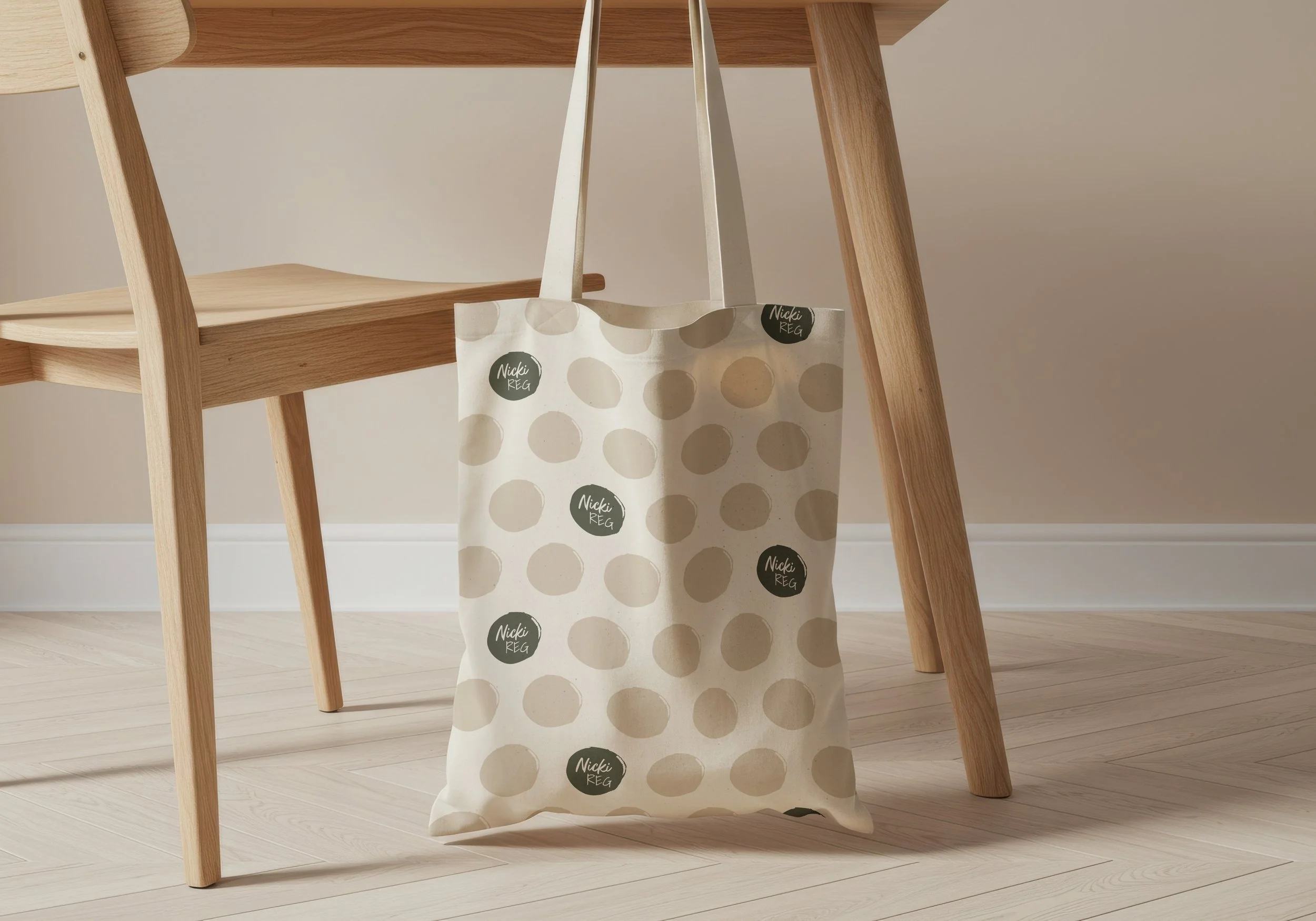 A beige tote bag with beige polka dots and black circles labeled "Nicki Reg" hangs on a wooden chair leg in a room with light wooden flooring and cream-coloured walls.