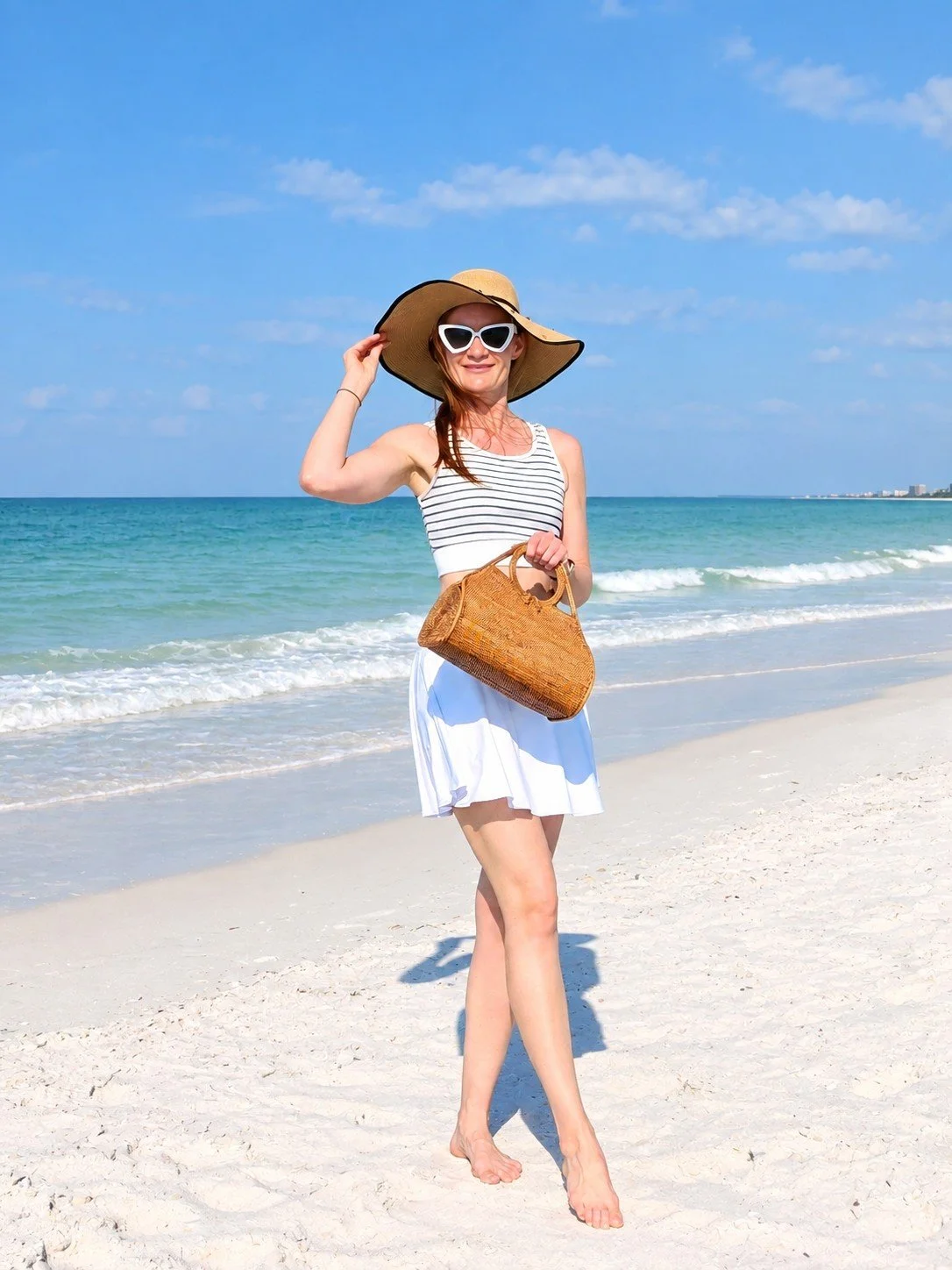 Woman holding the Sunday Brunch classic rattan top handle bag on beach vacation