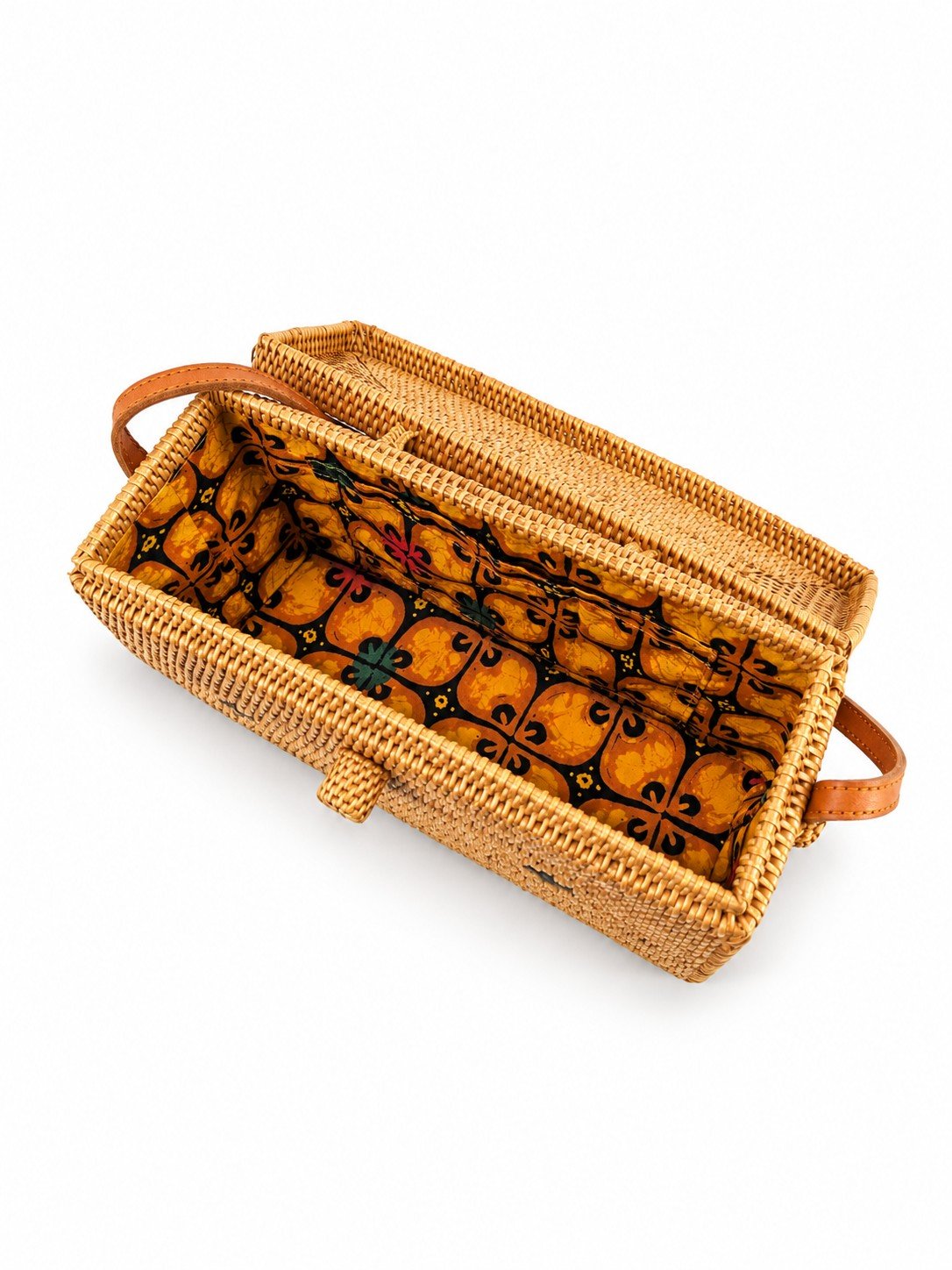 Vintage Vibe woven rattan crossbody with burnt orange lining