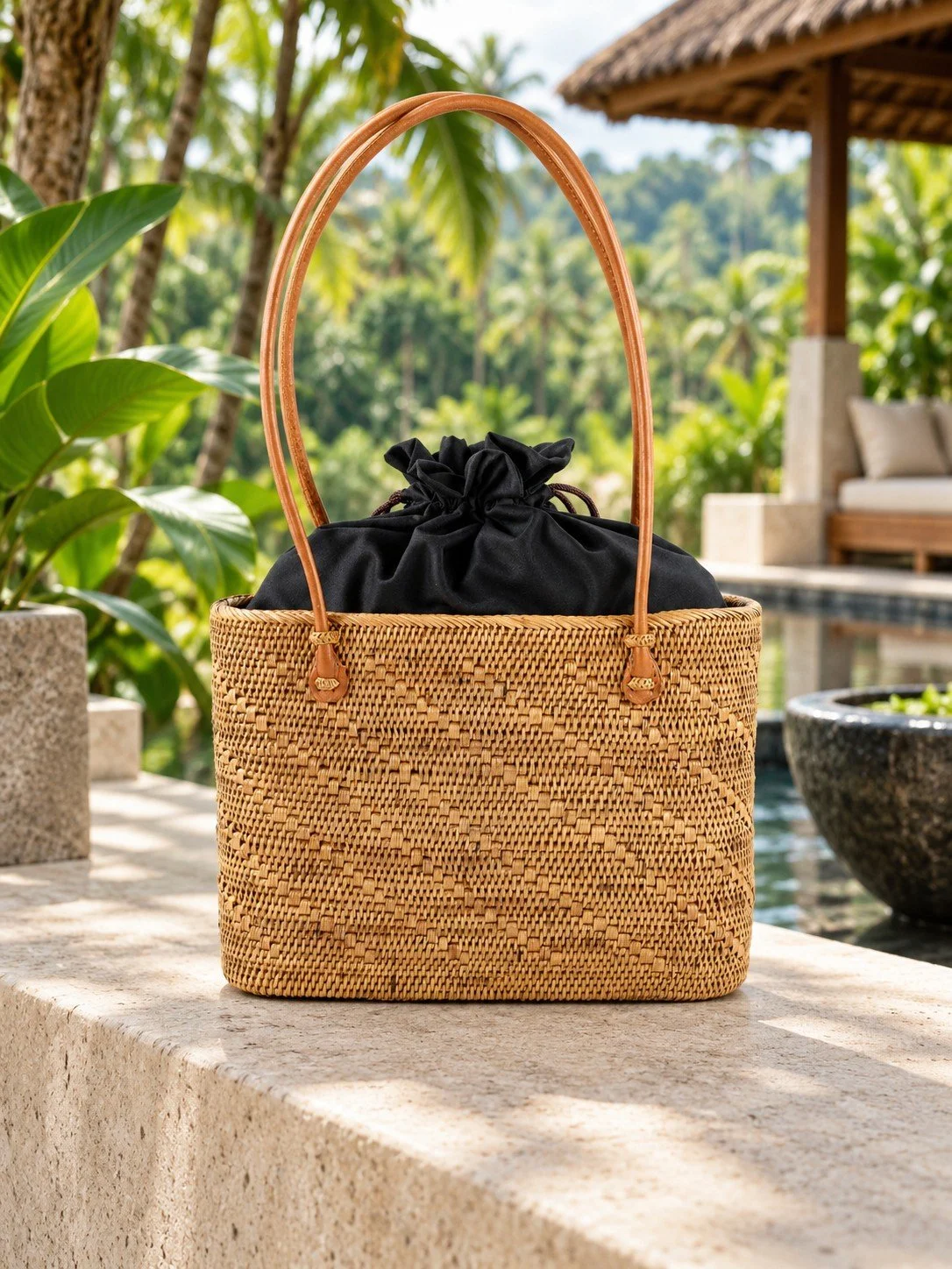 Sunny Trails medium woven shoulder tote with drawstring closure