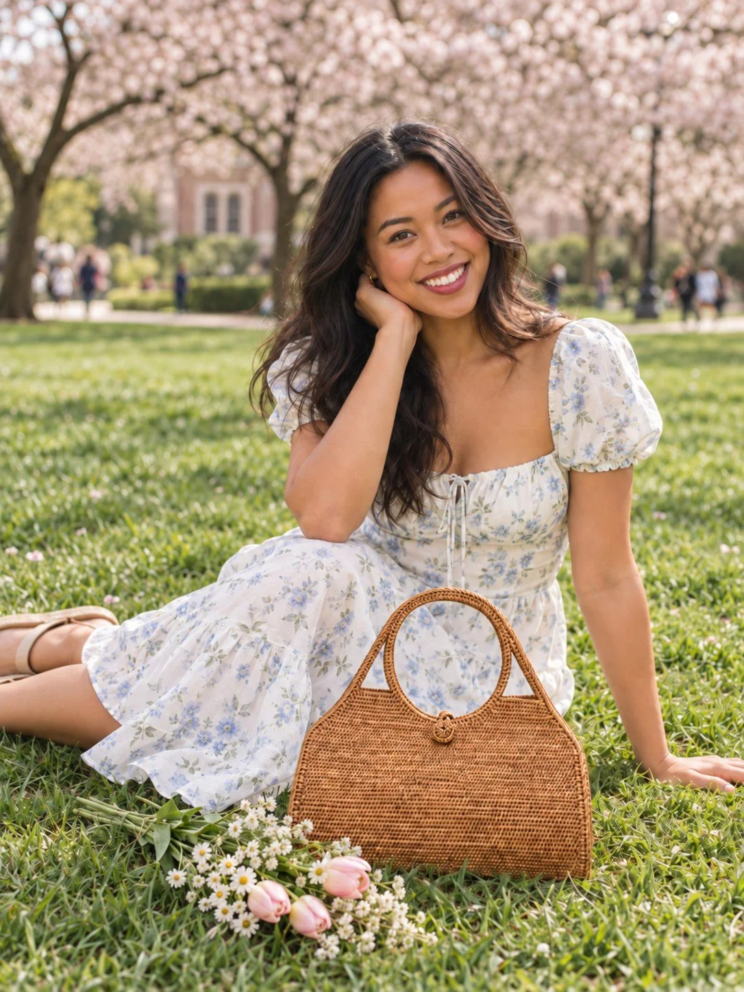 Woman posing with the Sunday Brunch classic rattan top handle bag at the park