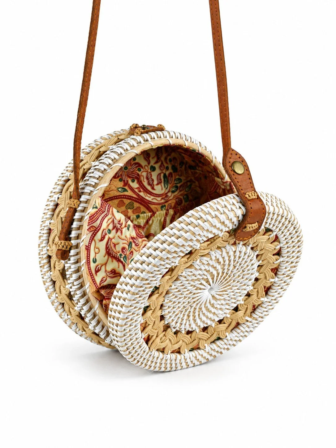 Twisted Vines white round rattan crossbody open view