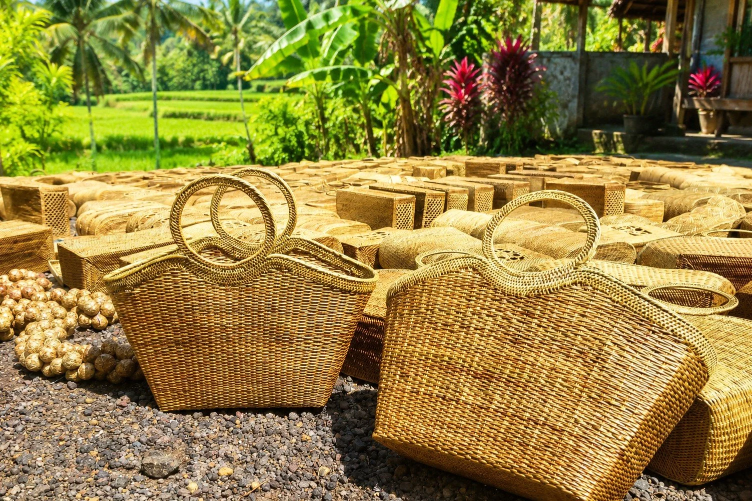 Once woven, the Shiva Urban bags spend several days drying naturally under Bali's sunshine