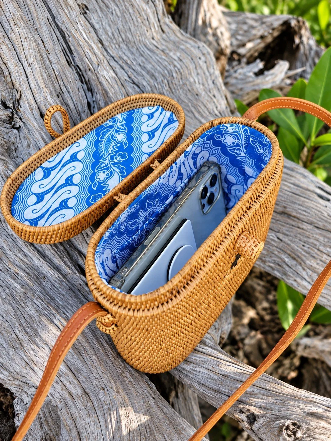 Clutch and Go mini oval rattan crossbody open view