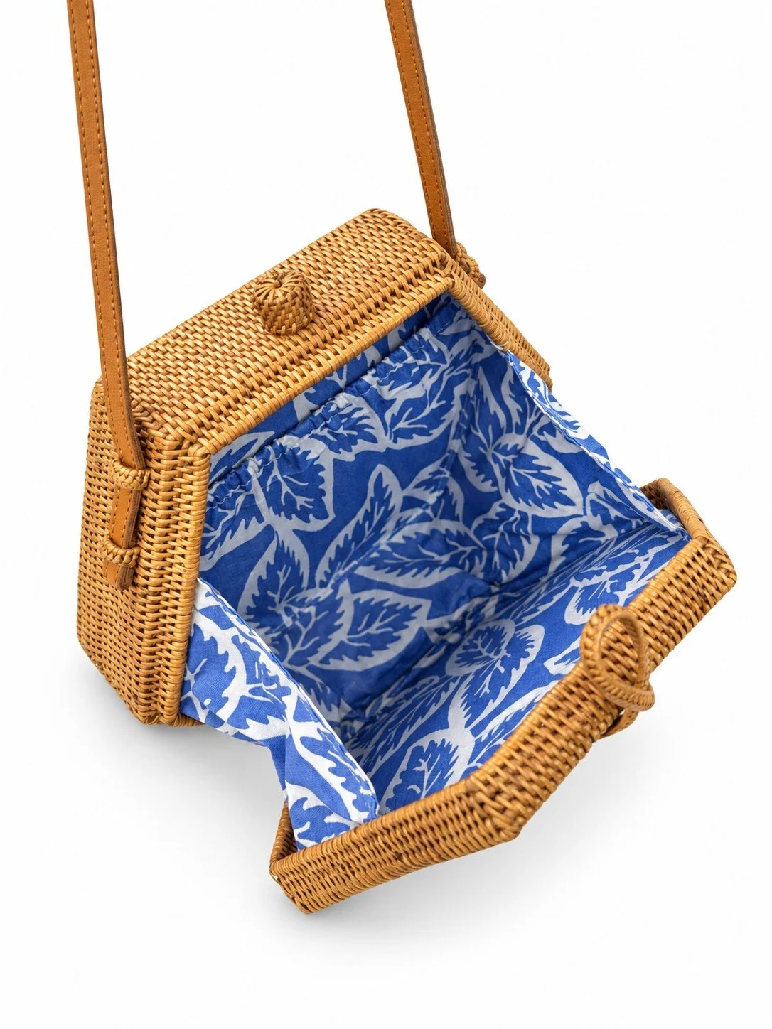 Rattan Rhapsody hexagon rattan crossbody with blue lining
