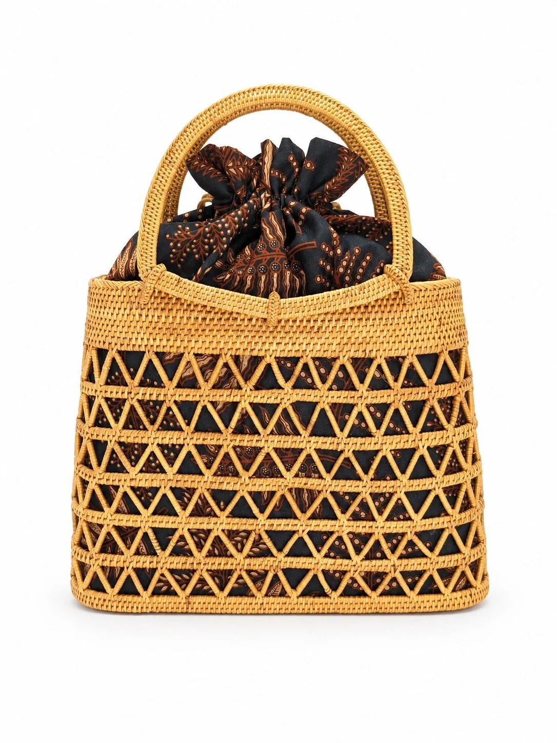 Bali Breeze geometric wicker purse with dark brown batik lining