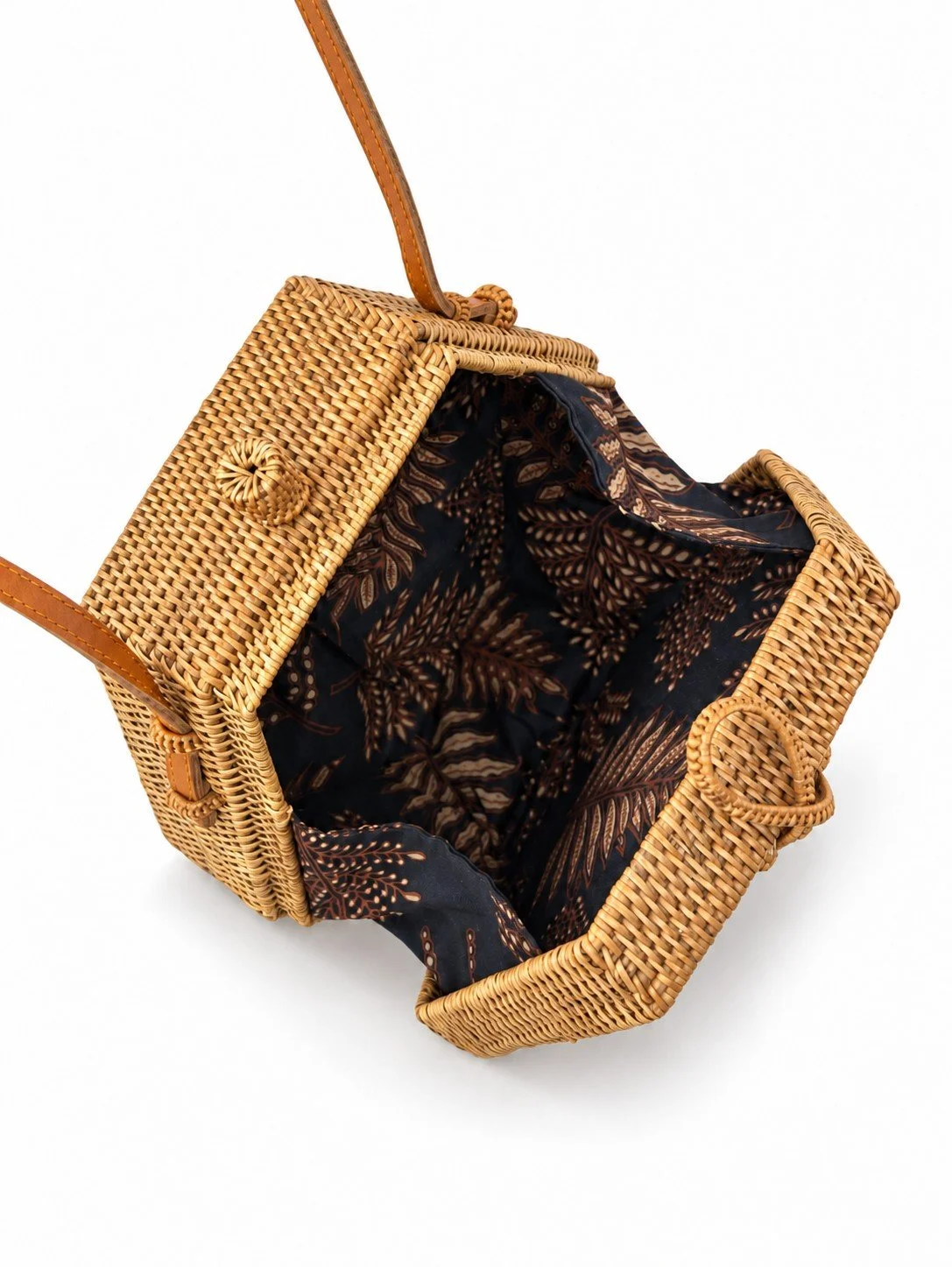 Rattan Rhapsody hexagon rattan crossbody dark brown lining