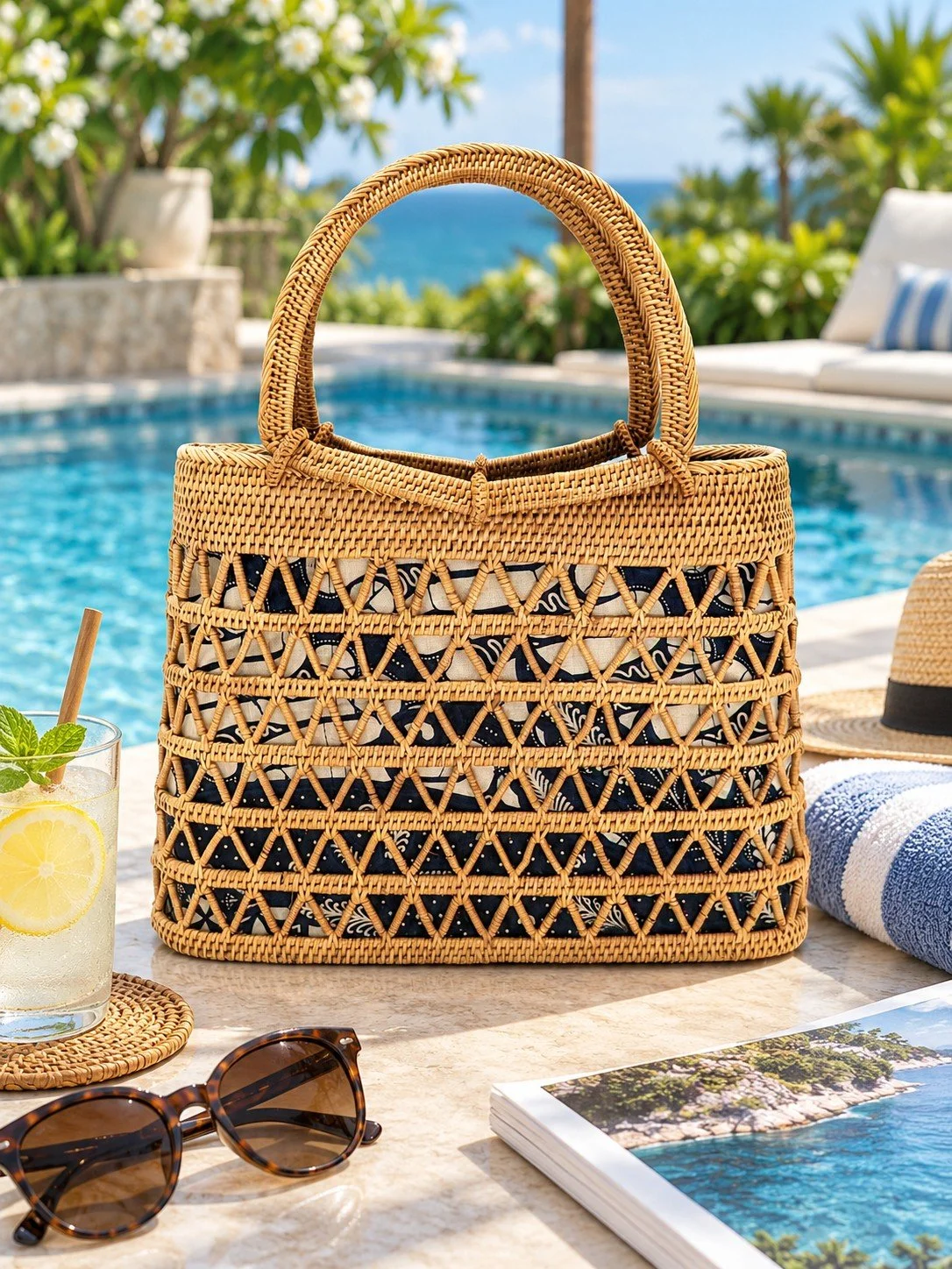 Bali Breeze geometric wicker purse on top of a table by the pool