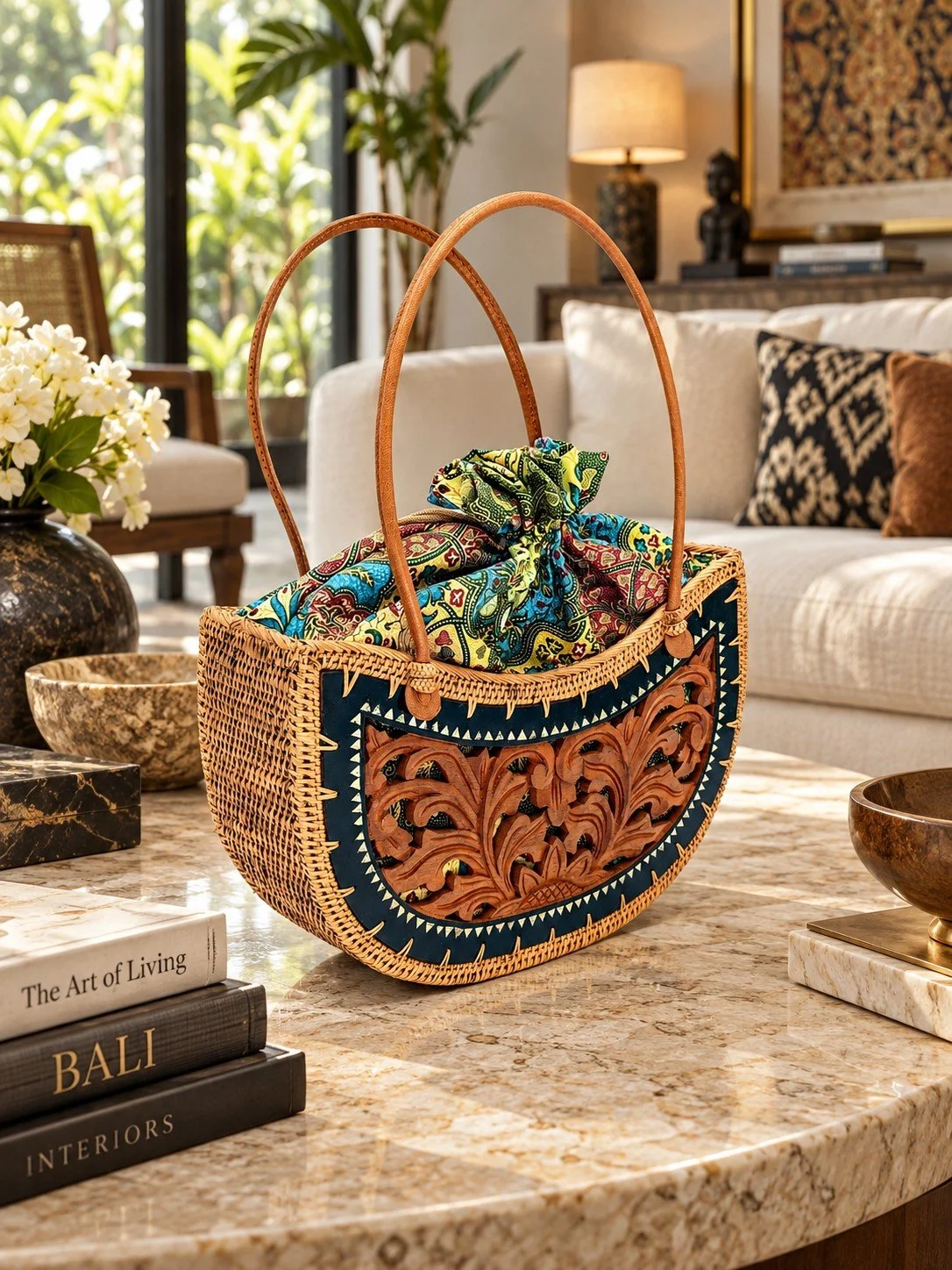 Lovely Leaves teak floral handbag displayed at the living room as a work of art