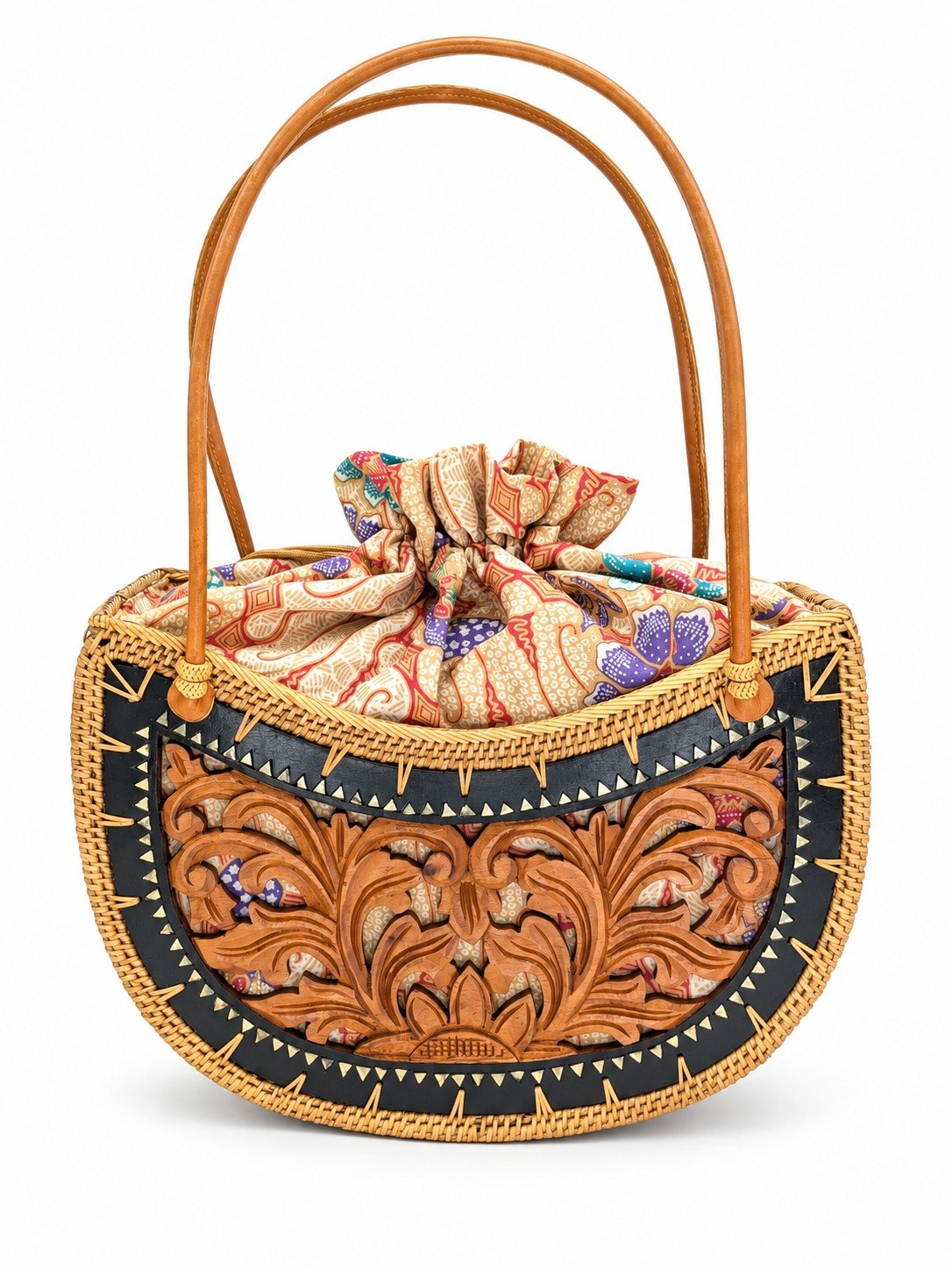 Lovely Leaves teak floral handbag in peach lining & drawstring closure