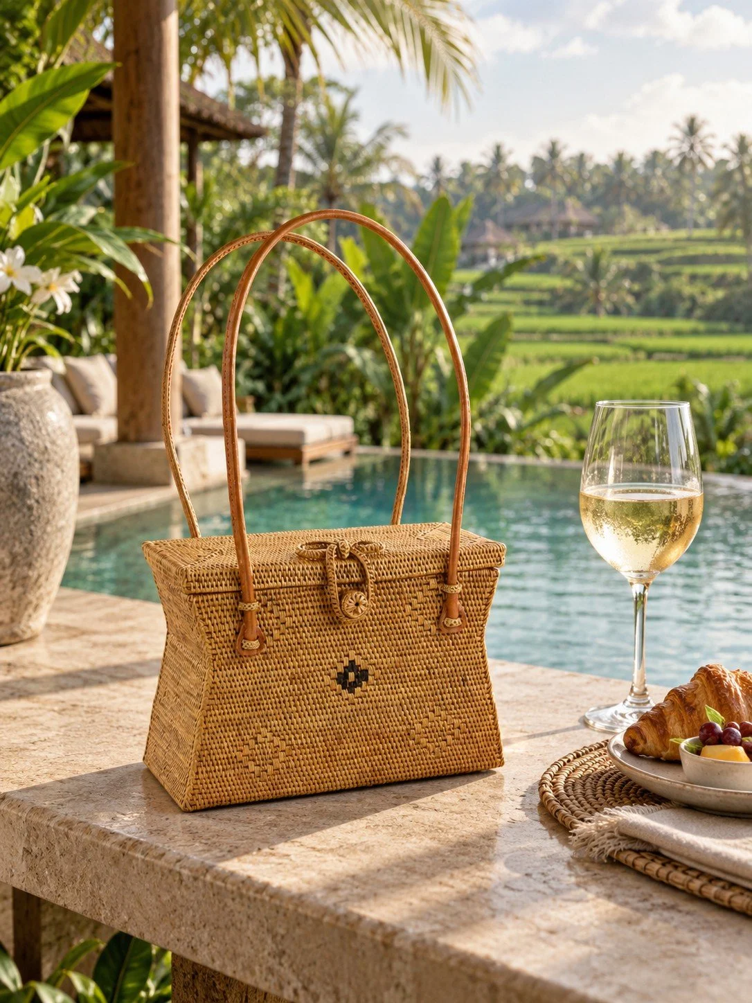 Coastal Charm statement woven purse by the pool in tropical getaway