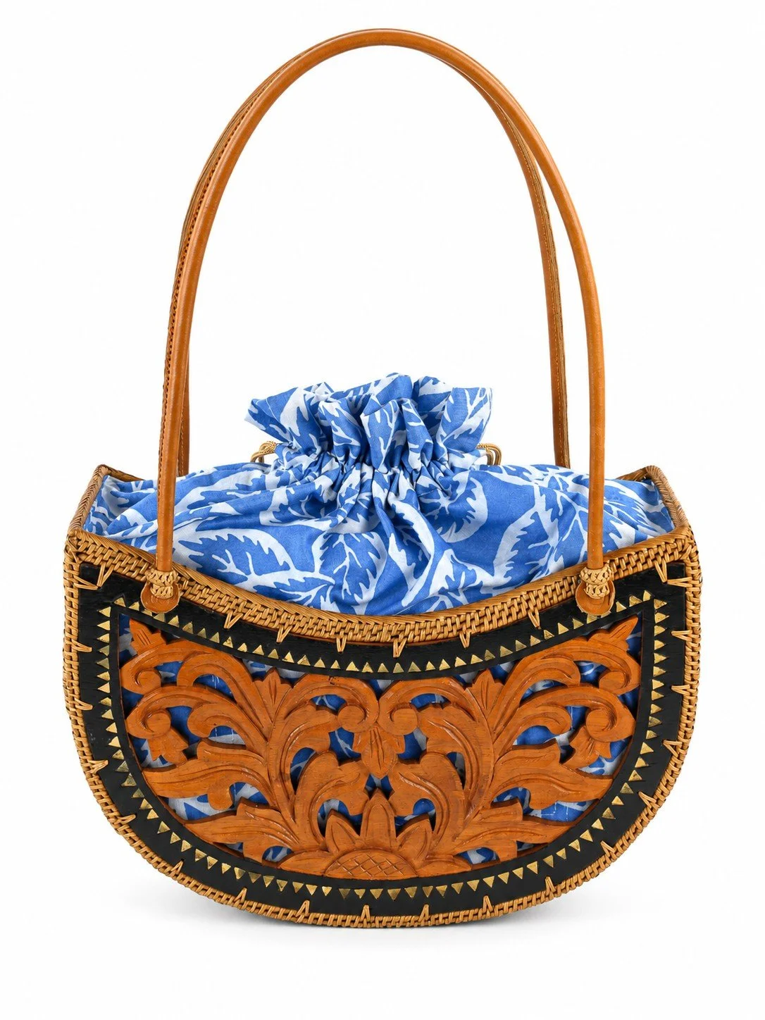 Lovely Leaves teak floral handbag in blue lining & drawstring closure