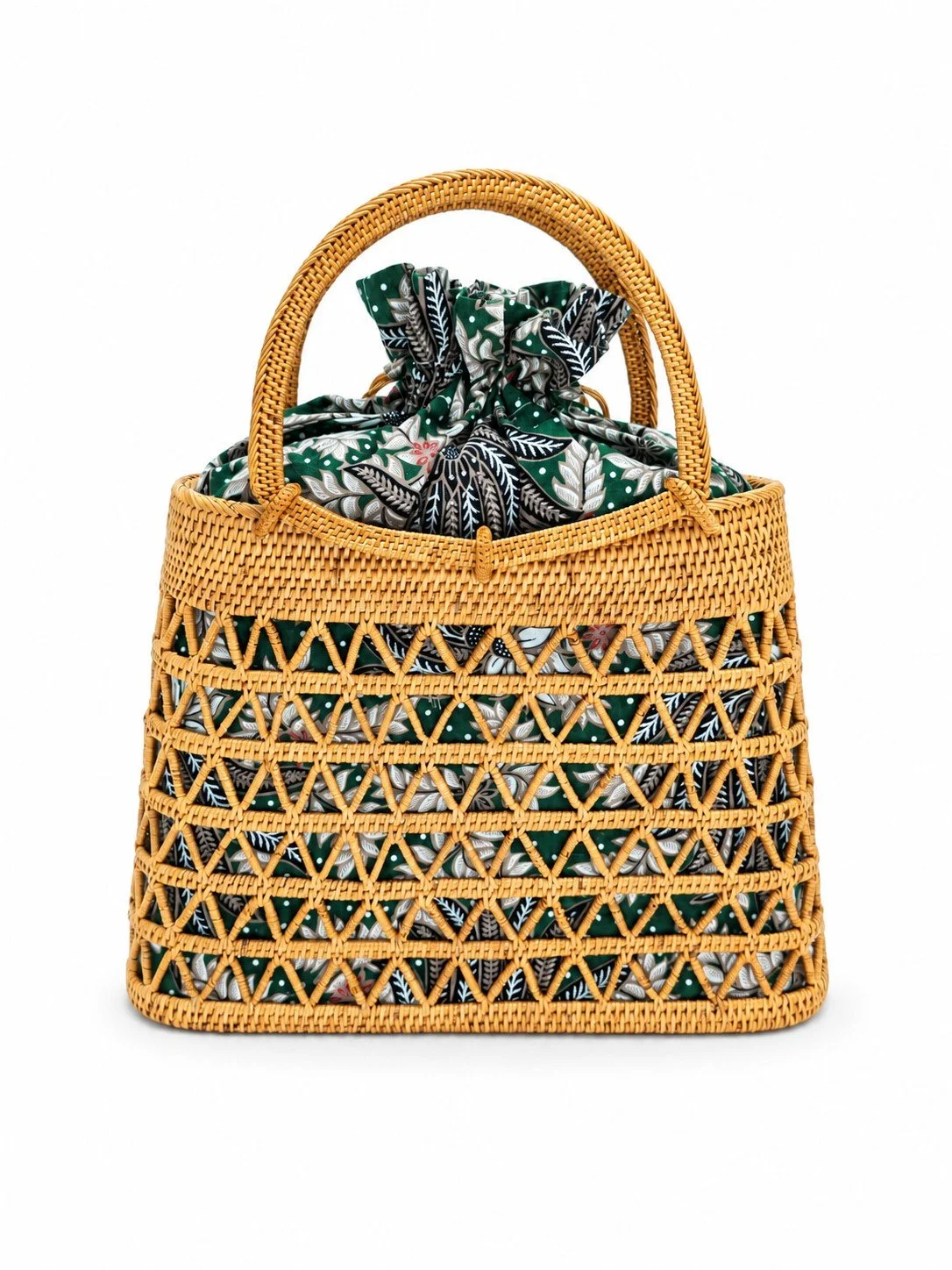 Bali Breeze geometric wicker purse with green batik lining