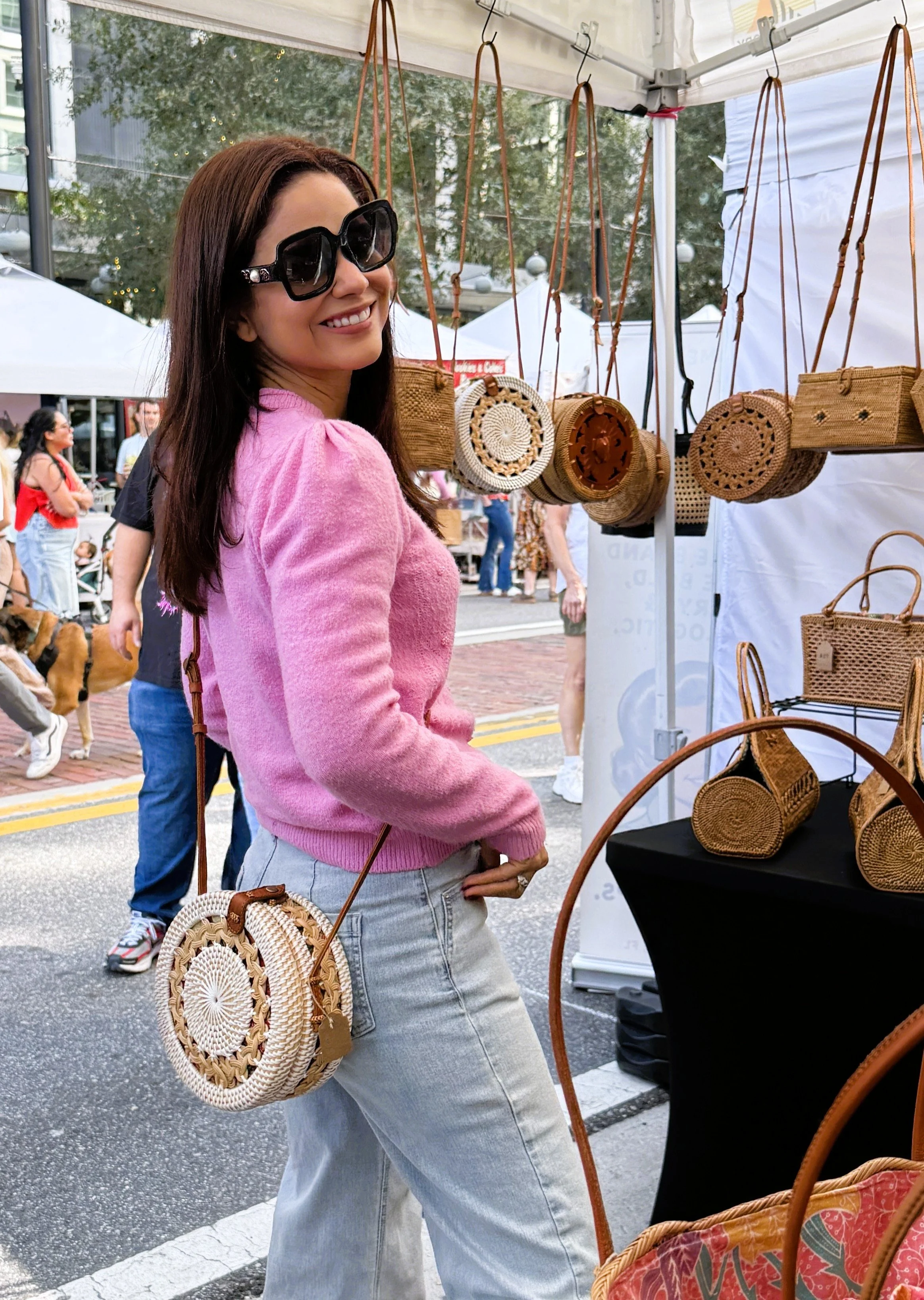 Twisted Vines White - Round Rattan Summer Basket Bag.JPG