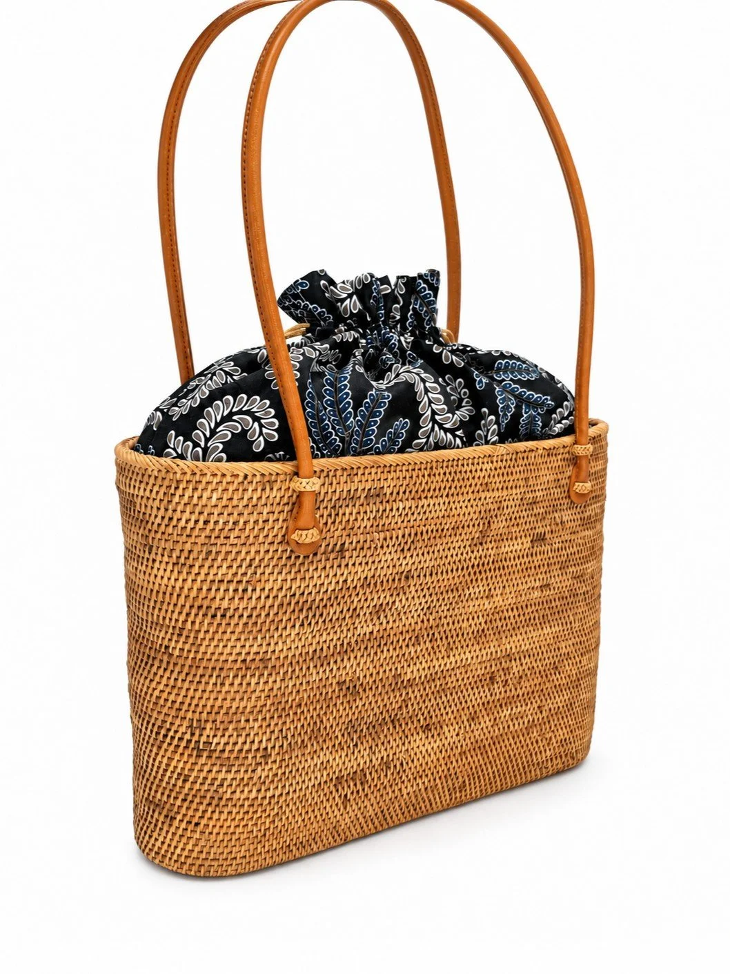 Big Straw Bag large woven shoulder tote showing leather straps and side profile