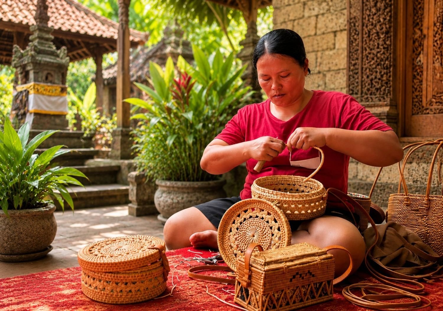 A woman in a red shirt sitting on a red rug outdoors, making traditional woven bamboo baskets. There are various completed baskets around her, with lush green plants and a stone building in the background.