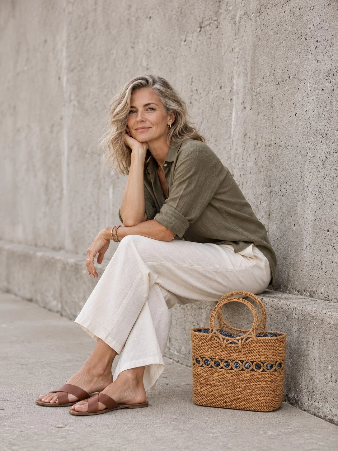 Woman posing with the Nantucket Coast round handle woven purse