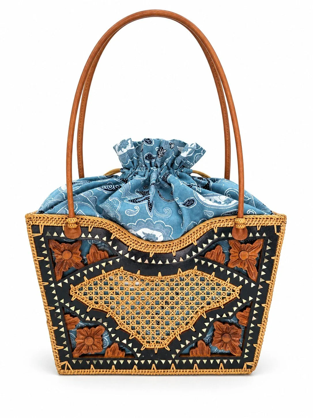 Floral Woods carved teak shoulder bag with teal batik lining