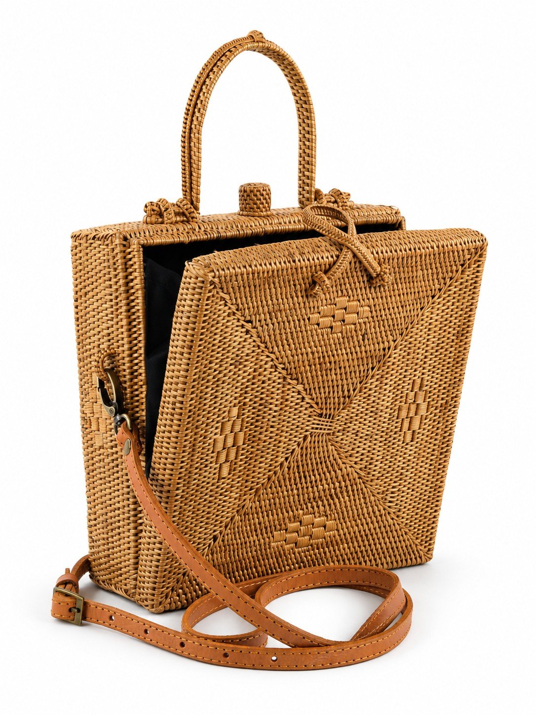 Square Perfection convertible rattan satchel side view with strap