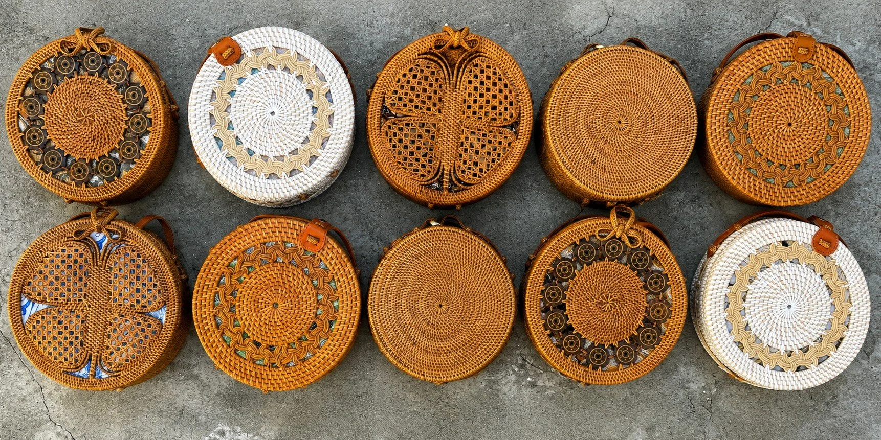 Handmade round rattan crossbody bags made by Balinese artisans.
