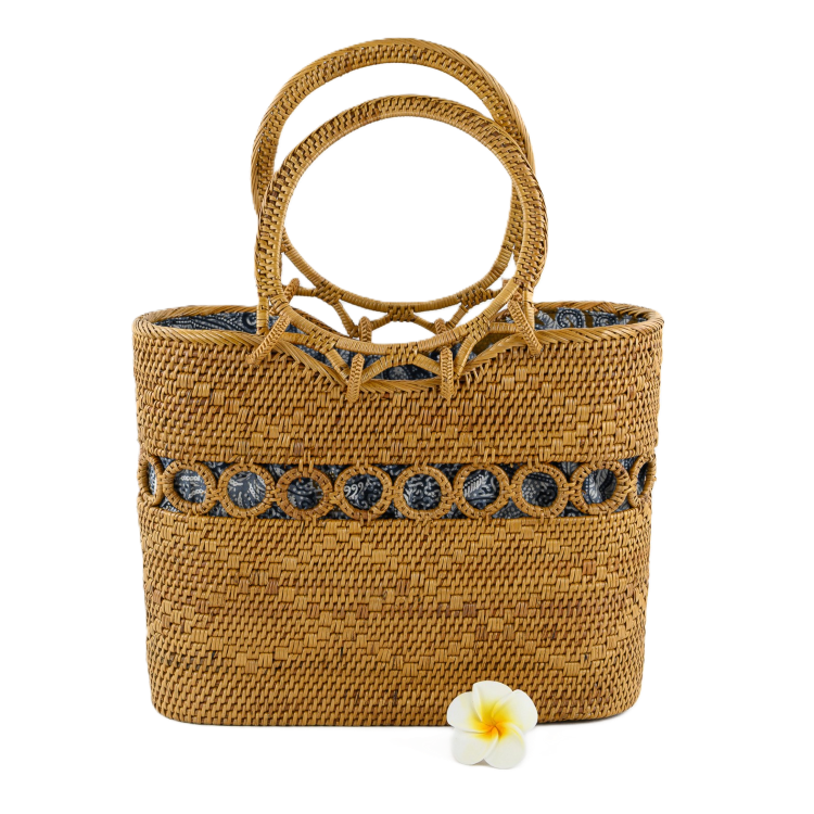 Nantucket Coast - Handmade Rattan Top Handle Bag with Drawstring Closure
