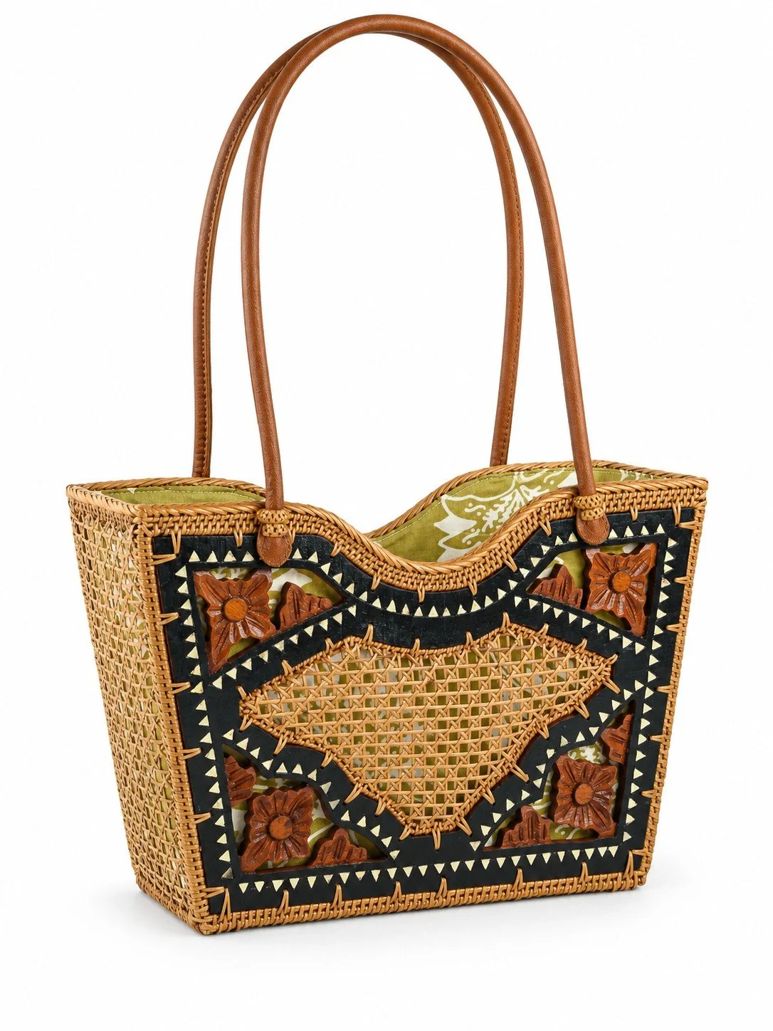 Floral Woods carved teak shoulder bag side view