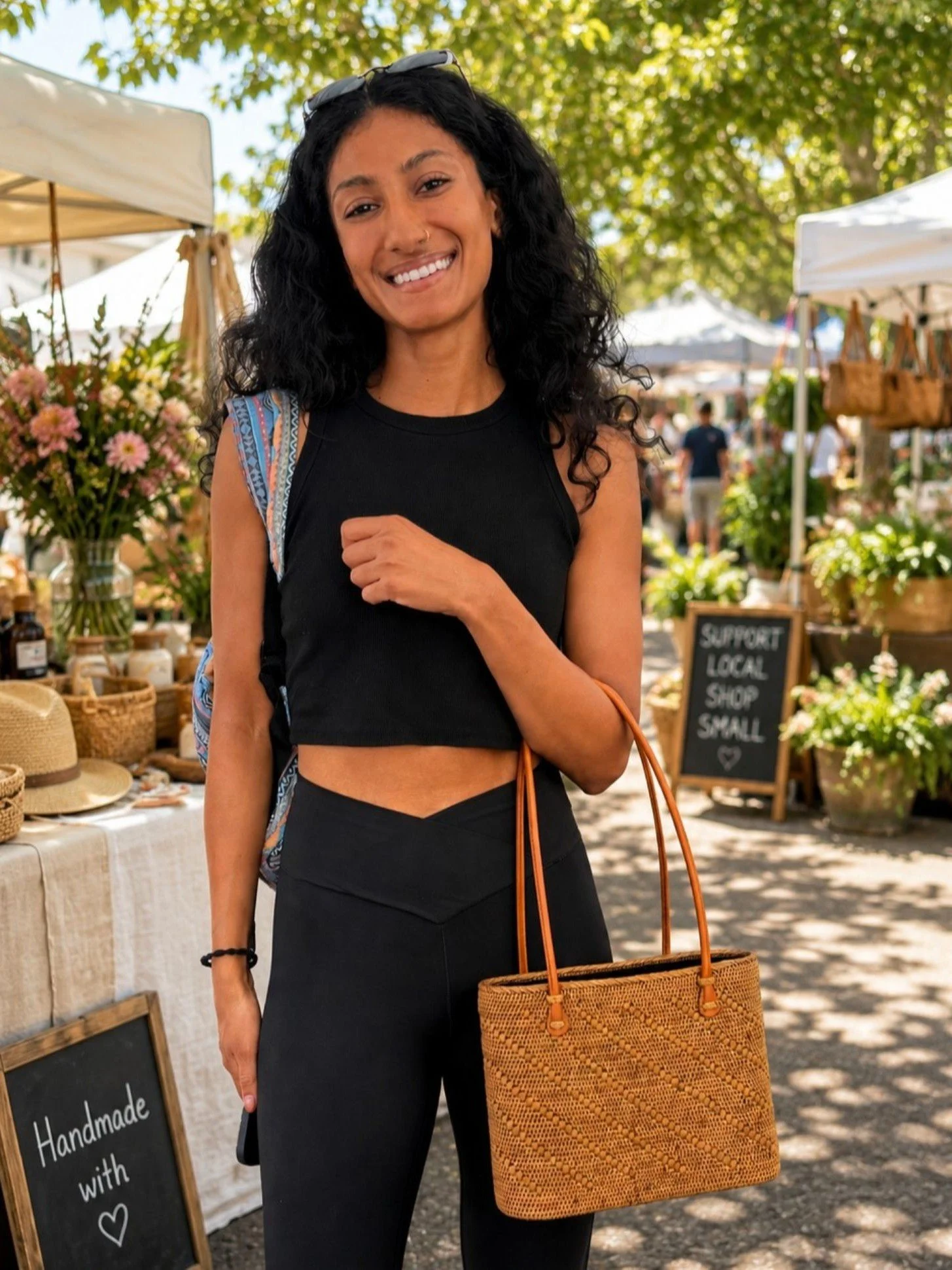 Woman carrying the Sunny Trails medium woven shoulder tote at the outdoor farmers market