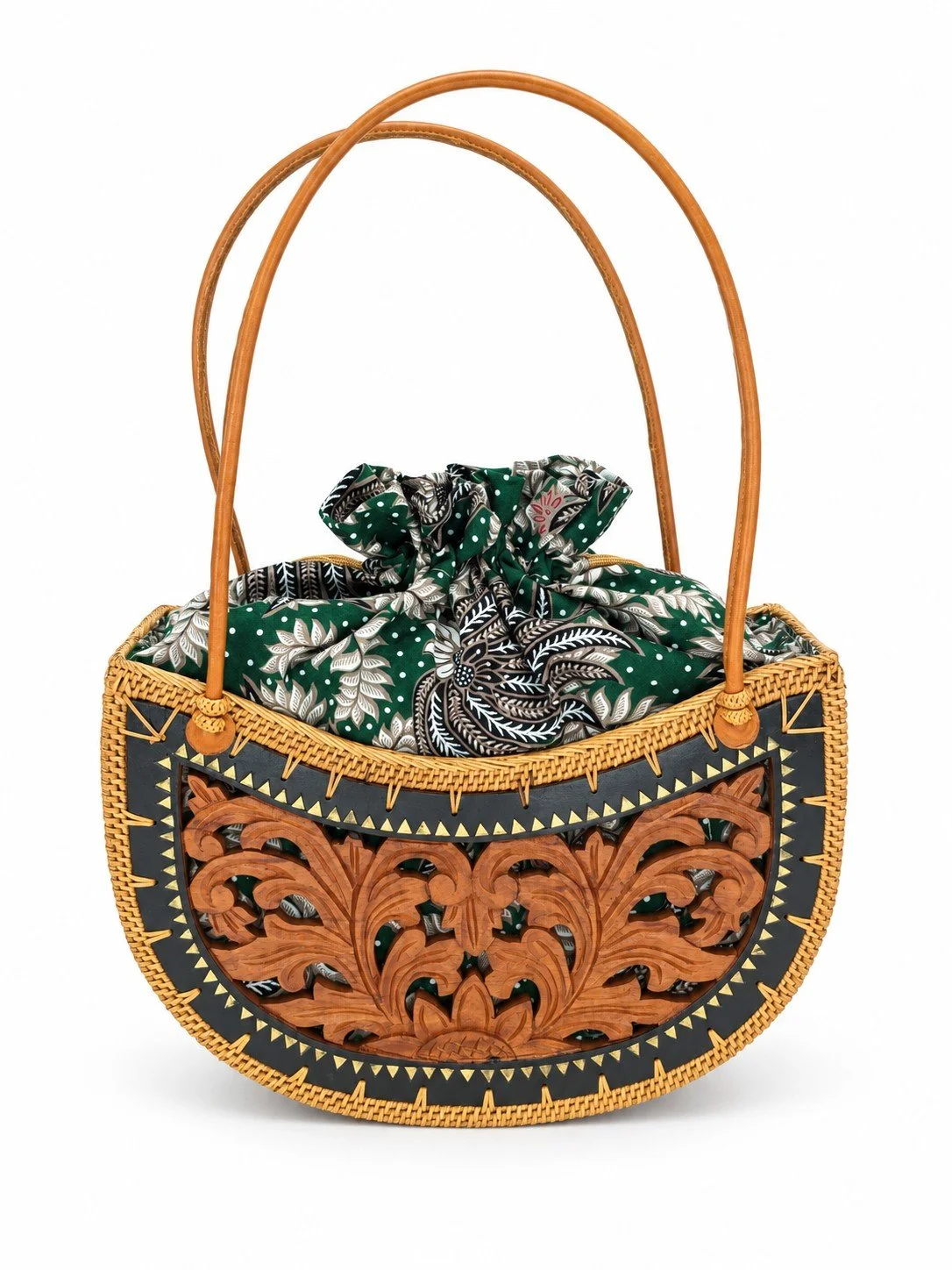 Lovely Leaves teak floral handbag in green lining & drawstring closure